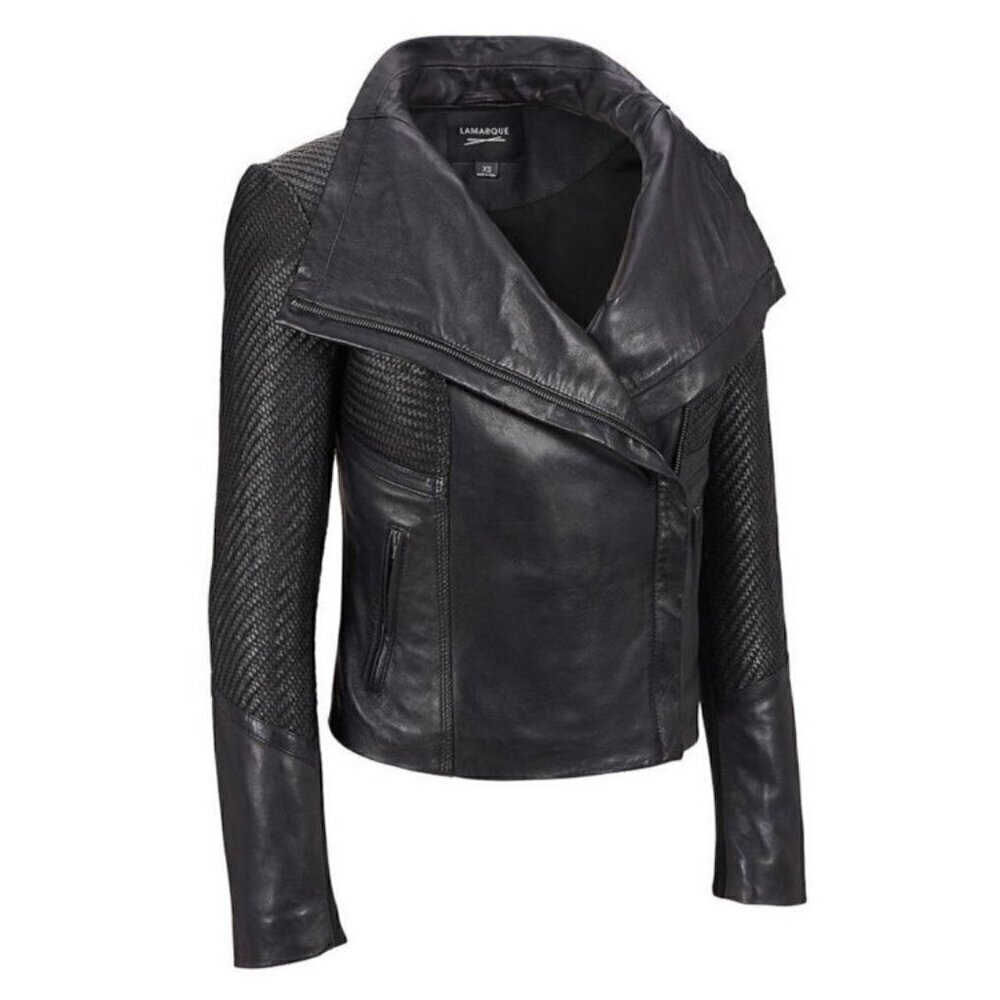 Lamarque Irri Asymmetrical Basket Weave Black Leather moto Jacket XS